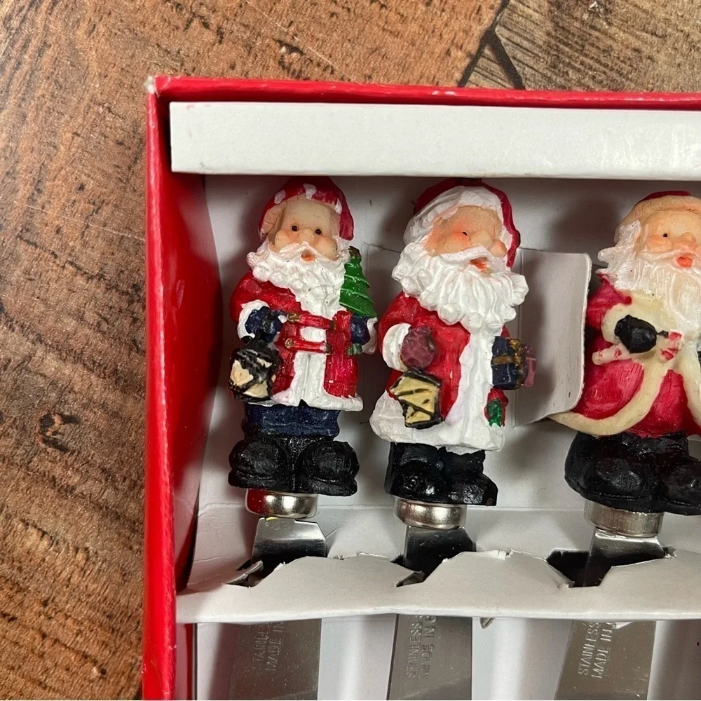 Vintage Stainless Steel Ceramic Santa Clause Christmas Spreader Set Charcuterie